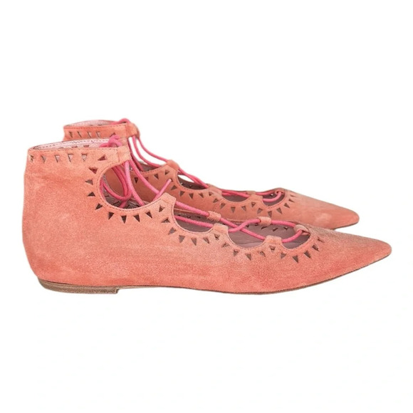 PRETTY BALLERINAS Suede Leather Flats Pointy Toe Pink Lace Up Girly, Size 7-7.5 - Picture 1 of 16